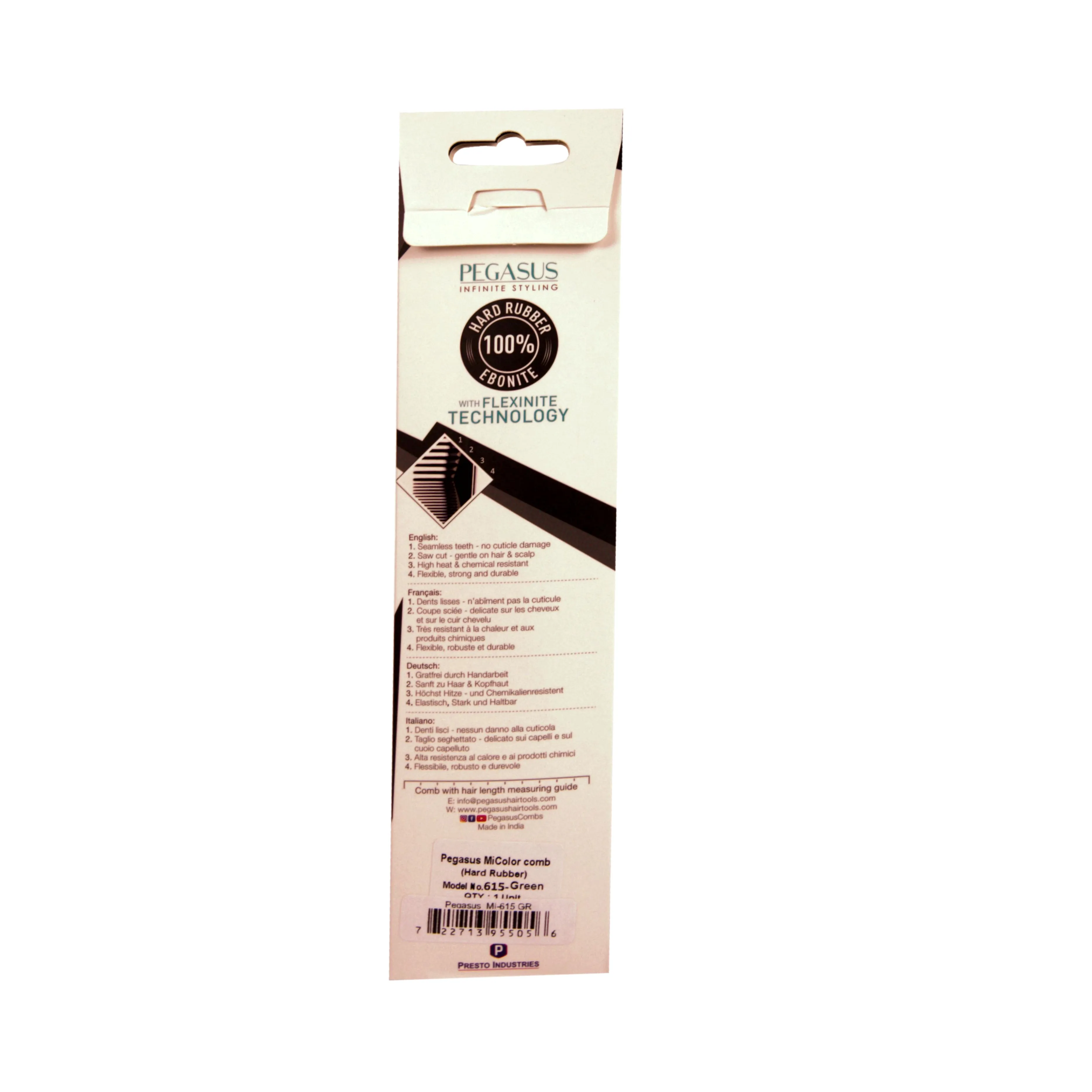 Pegasus MICOLOR 615, 7in Hard Rubber Clipper Comb, Handmade, Seamless, Smooth Edges, Anti Static, Heat and Chemically Resistant, Portable Pocket Purse Dresser Comb | Peines de goma dura - Green