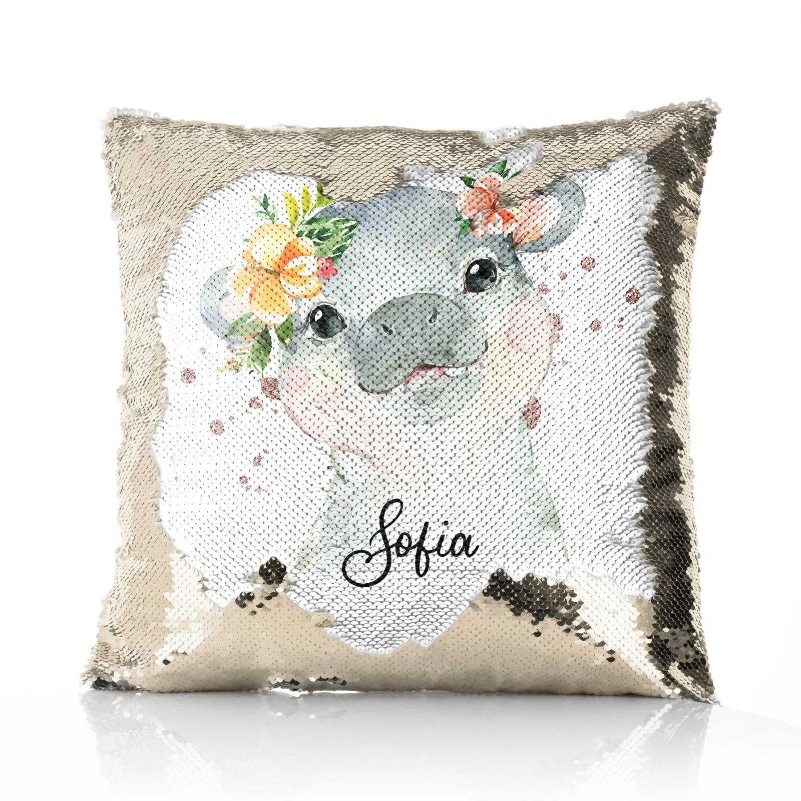 Personalised Sequin Cushion with Hippo Rain Drop Glitter Print and Cute Text