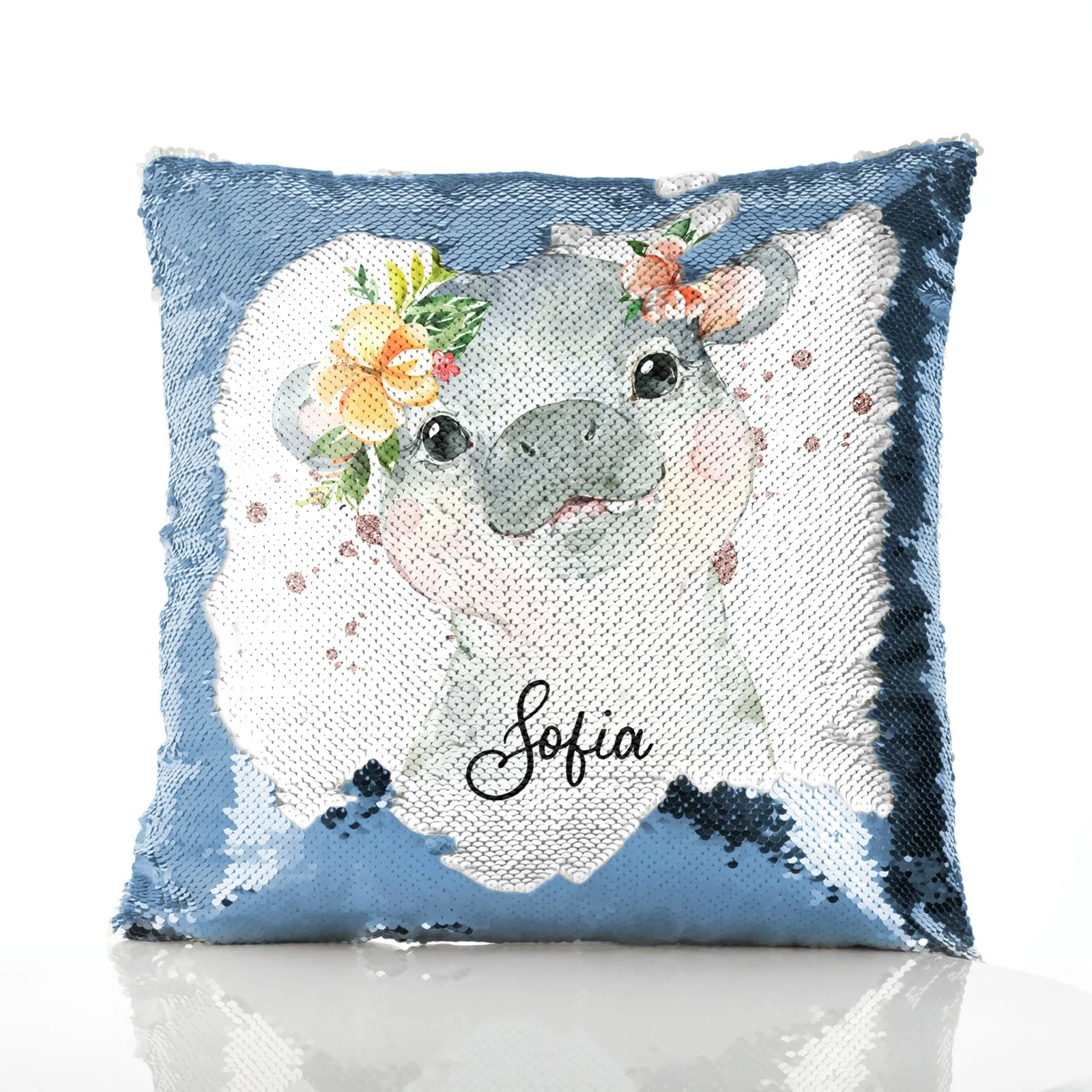 Personalised Sequin Cushion with Hippo Rain Drop Glitter Print and Cute Text
