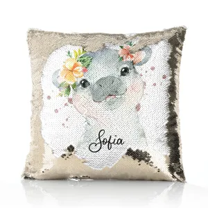 Personalised Sequin Cushion with Hippo Rain Drop Glitter Print and Cute Text