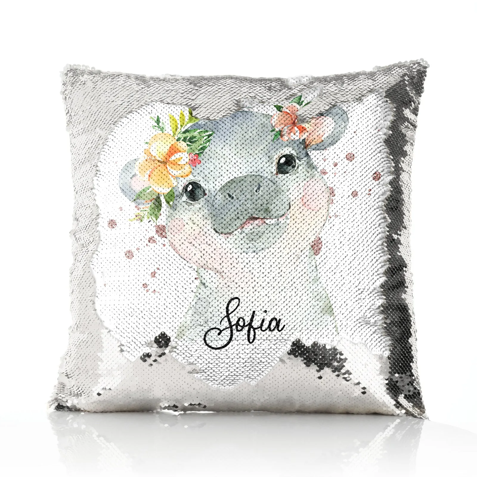 Personalised Sequin Cushion with Hippo Rain Drop Glitter Print and Cute Text