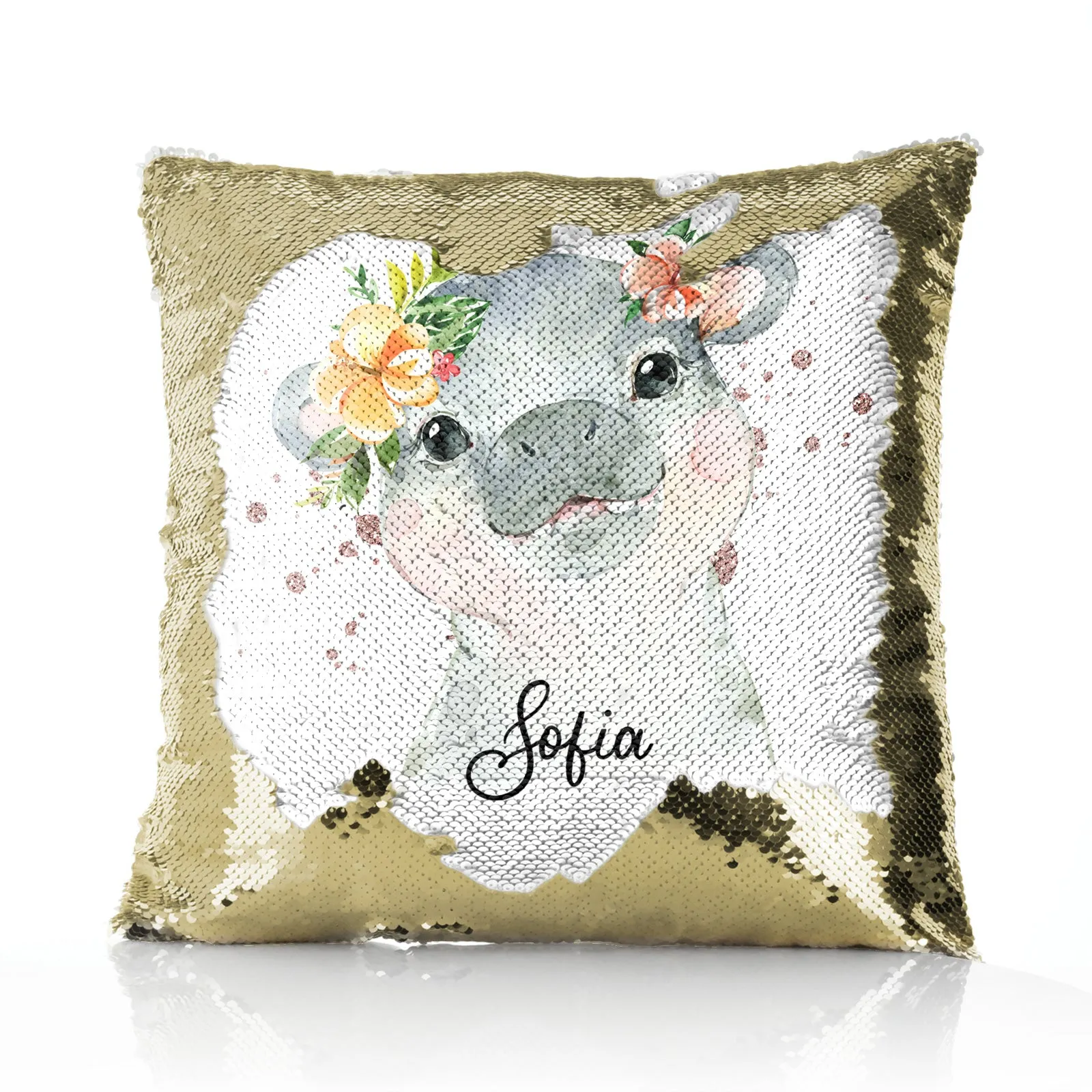 Personalised Sequin Cushion with Hippo Rain Drop Glitter Print and Cute Text