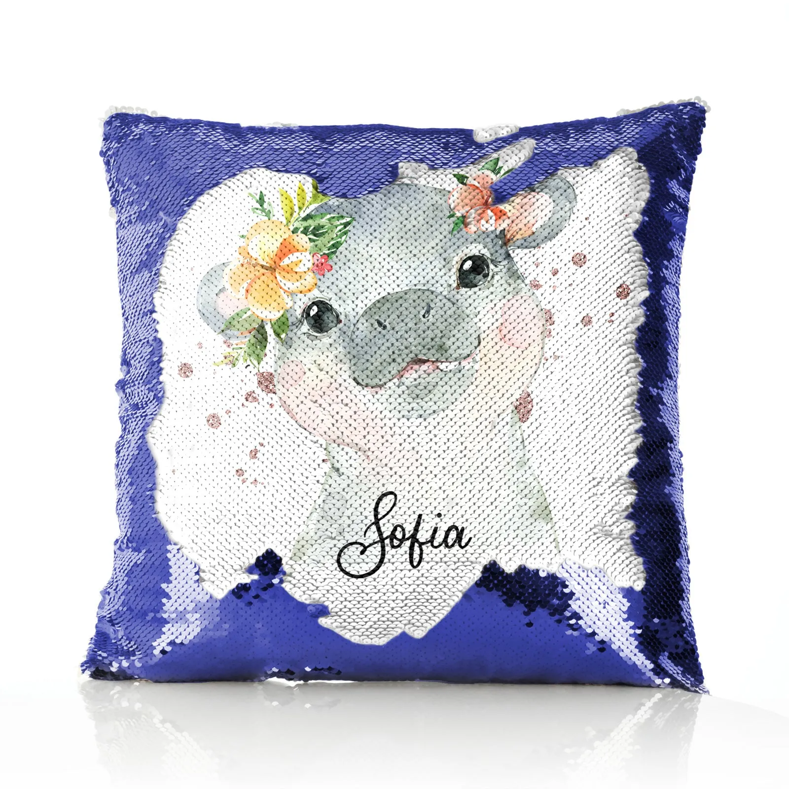 Personalised Sequin Cushion with Hippo Rain Drop Glitter Print and Cute Text