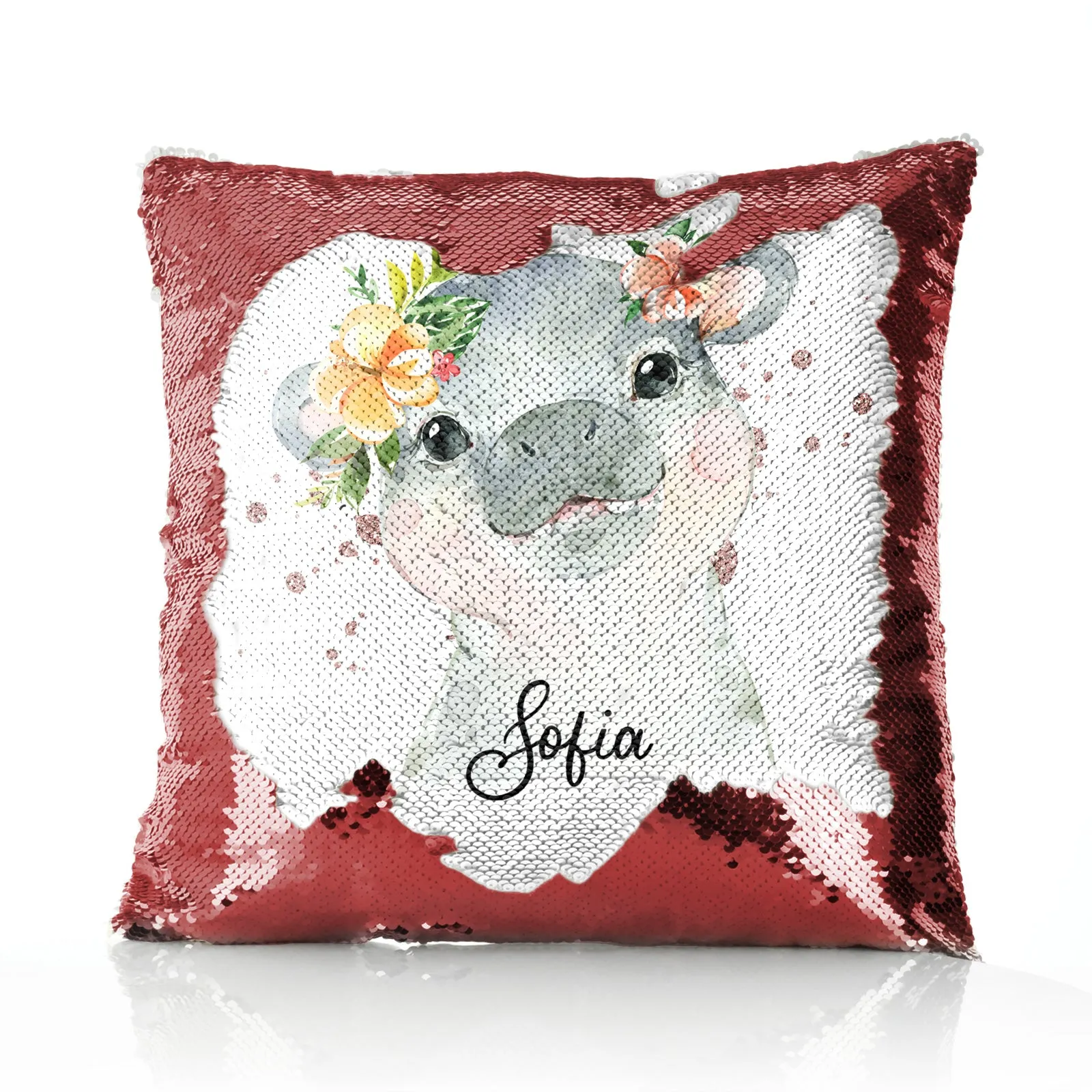 Personalised Sequin Cushion with Hippo Rain Drop Glitter Print and Cute Text