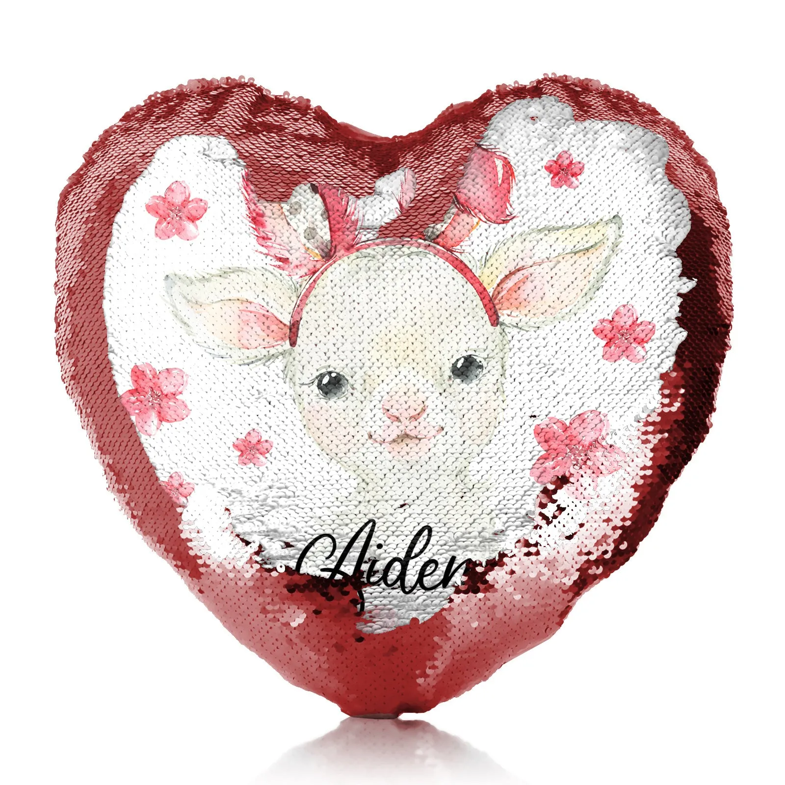 Personalised Sequin Heart Cushion with White Lamb Pink Bunny Ears and Flowers and Cute Text
