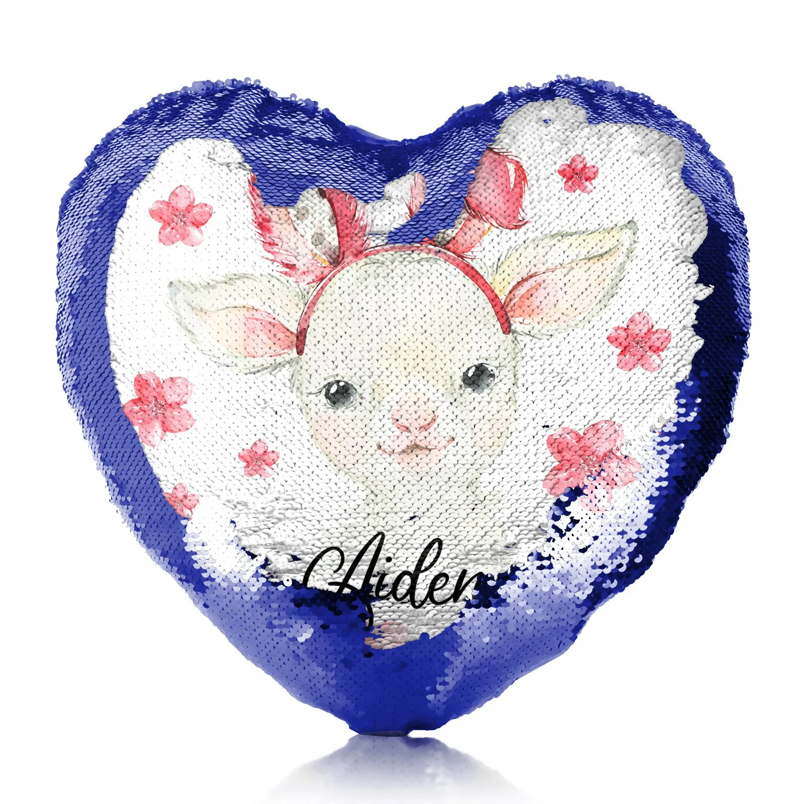 Personalised Sequin Heart Cushion with White Lamb Pink Bunny Ears and Flowers and Cute Text