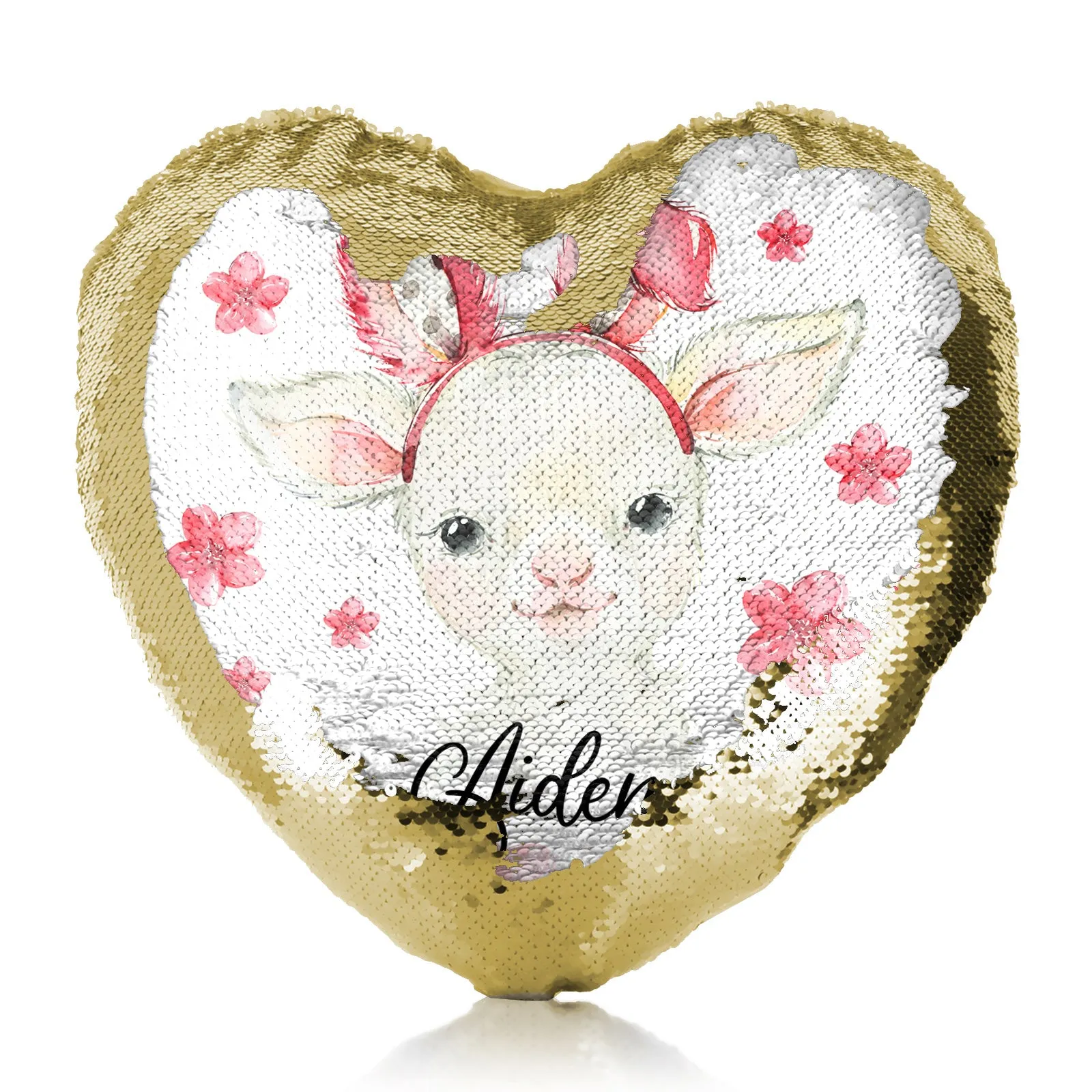 Personalised Sequin Heart Cushion with White Lamb Pink Bunny Ears and Flowers and Cute Text
