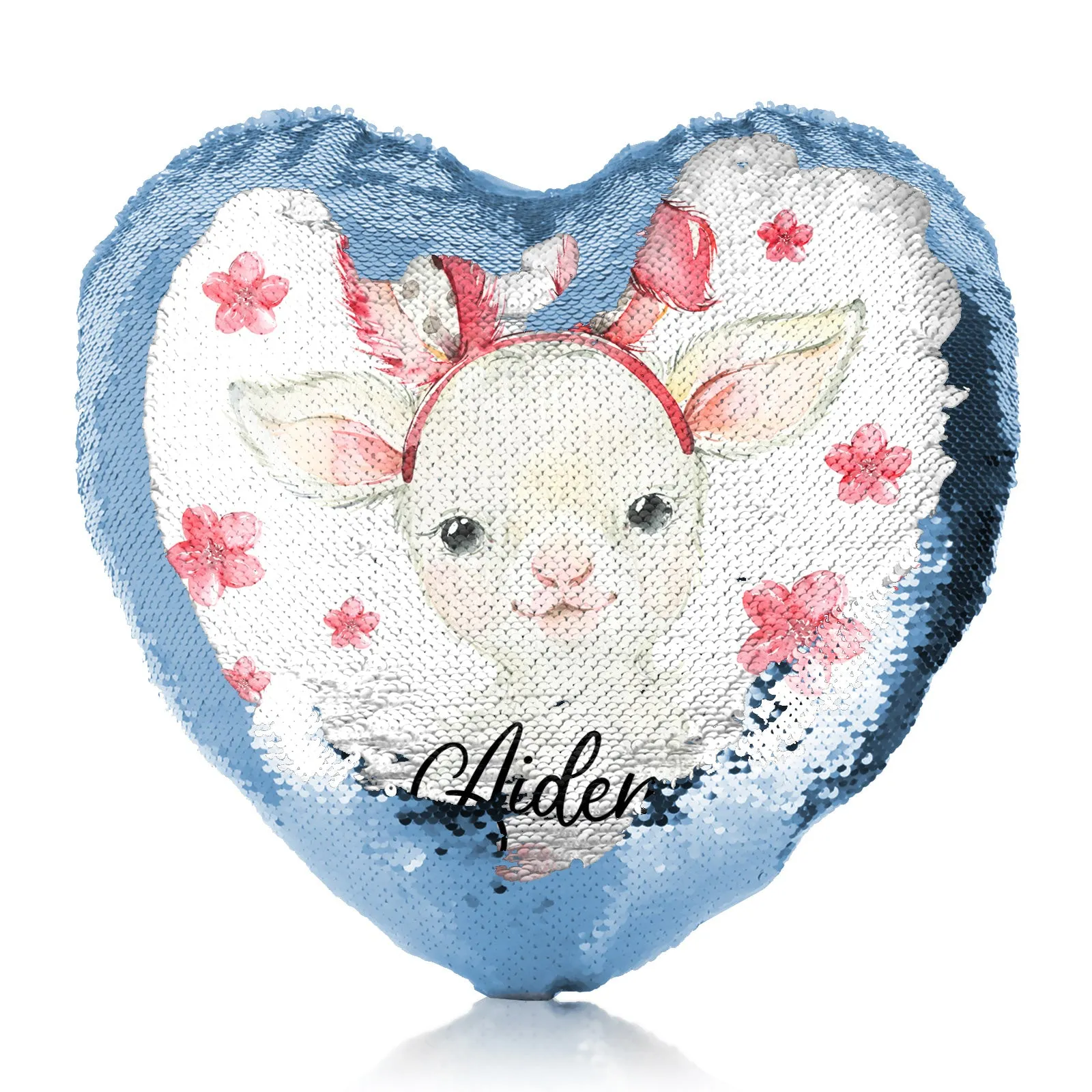 Personalised Sequin Heart Cushion with White Lamb Pink Bunny Ears and Flowers and Cute Text