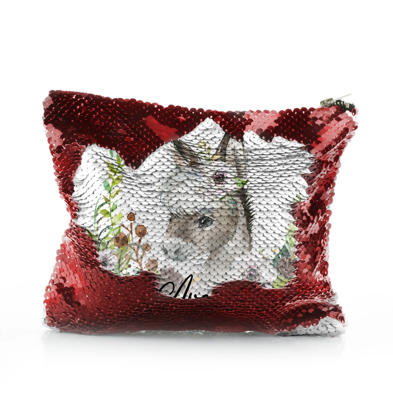 Personalised Sequin Zip Bag with Grey Donkey Pink and White Flowers and Cute Text