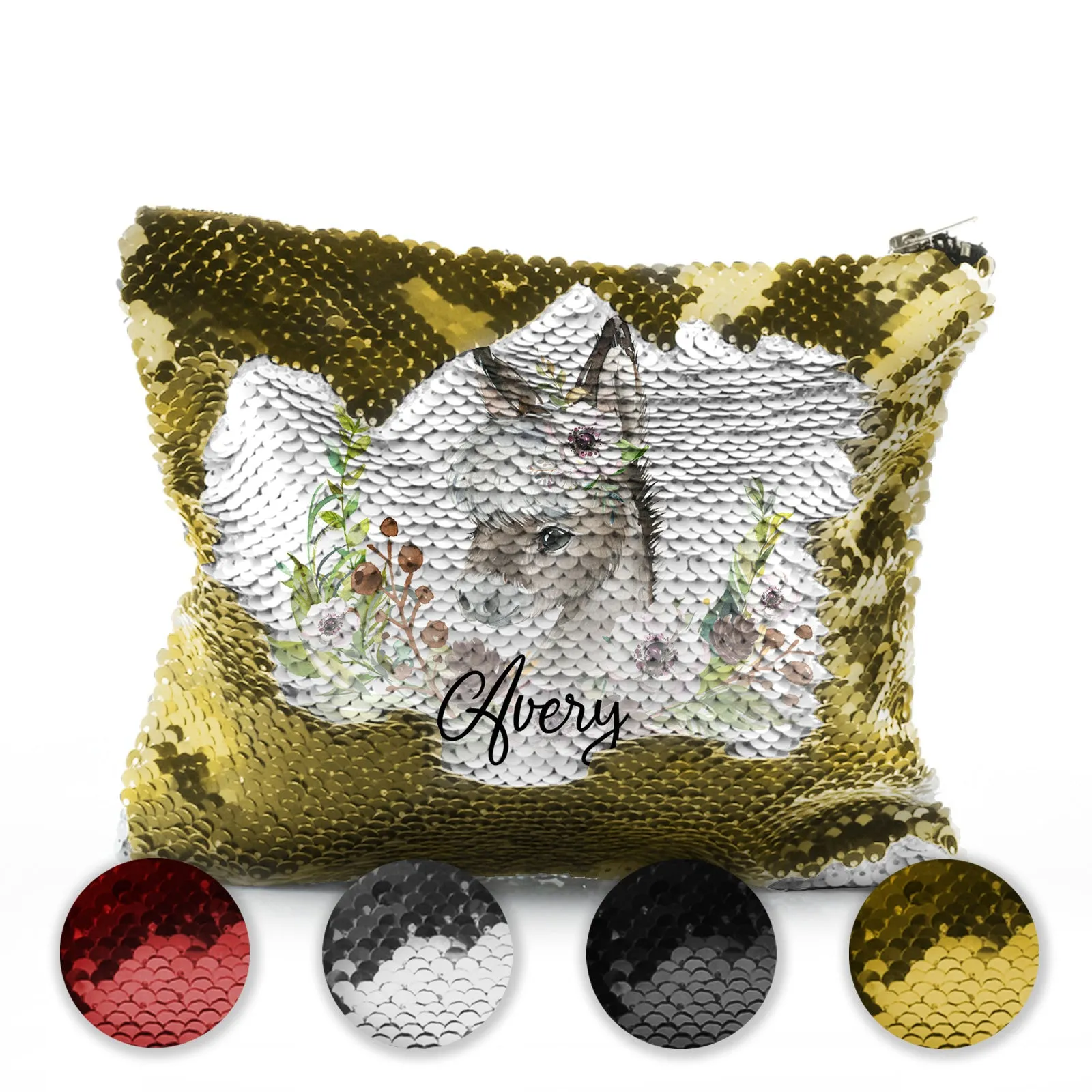 Personalised Sequin Zip Bag with Grey Donkey Pink and White Flowers and Cute Text