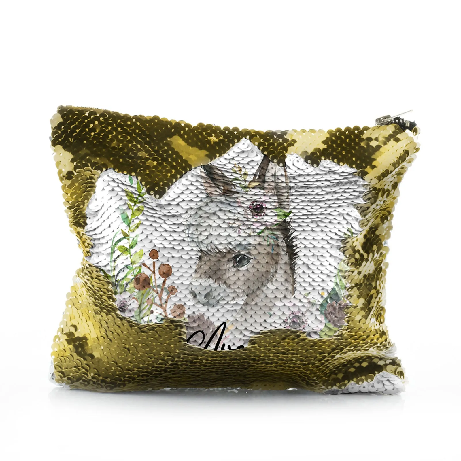 Personalised Sequin Zip Bag with Grey Donkey Pink and White Flowers and Cute Text