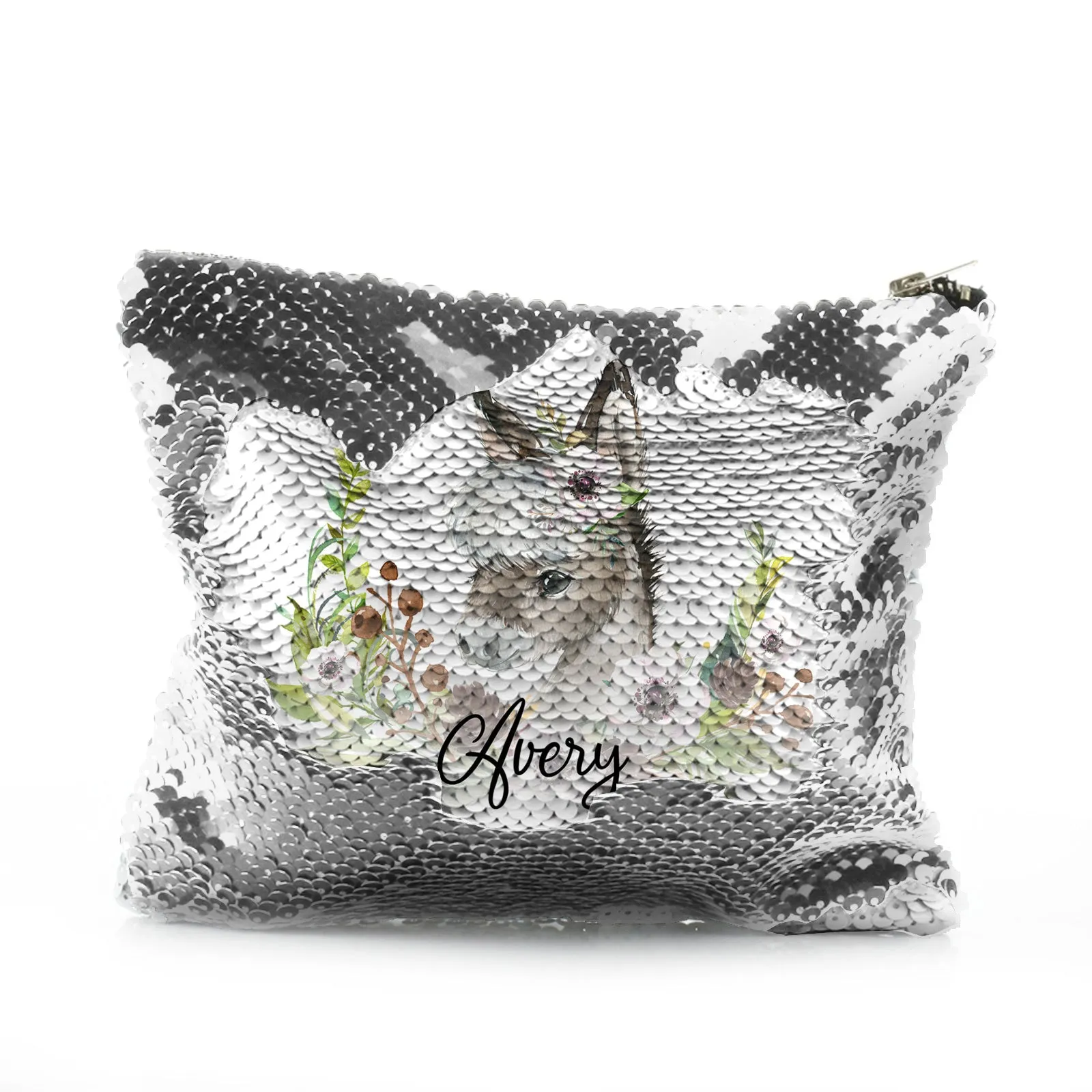 Personalised Sequin Zip Bag with Grey Donkey Pink and White Flowers and Cute Text