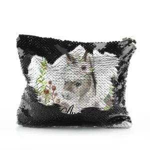 Personalised Sequin Zip Bag with Grey Donkey Pink and White Flowers and Cute Text