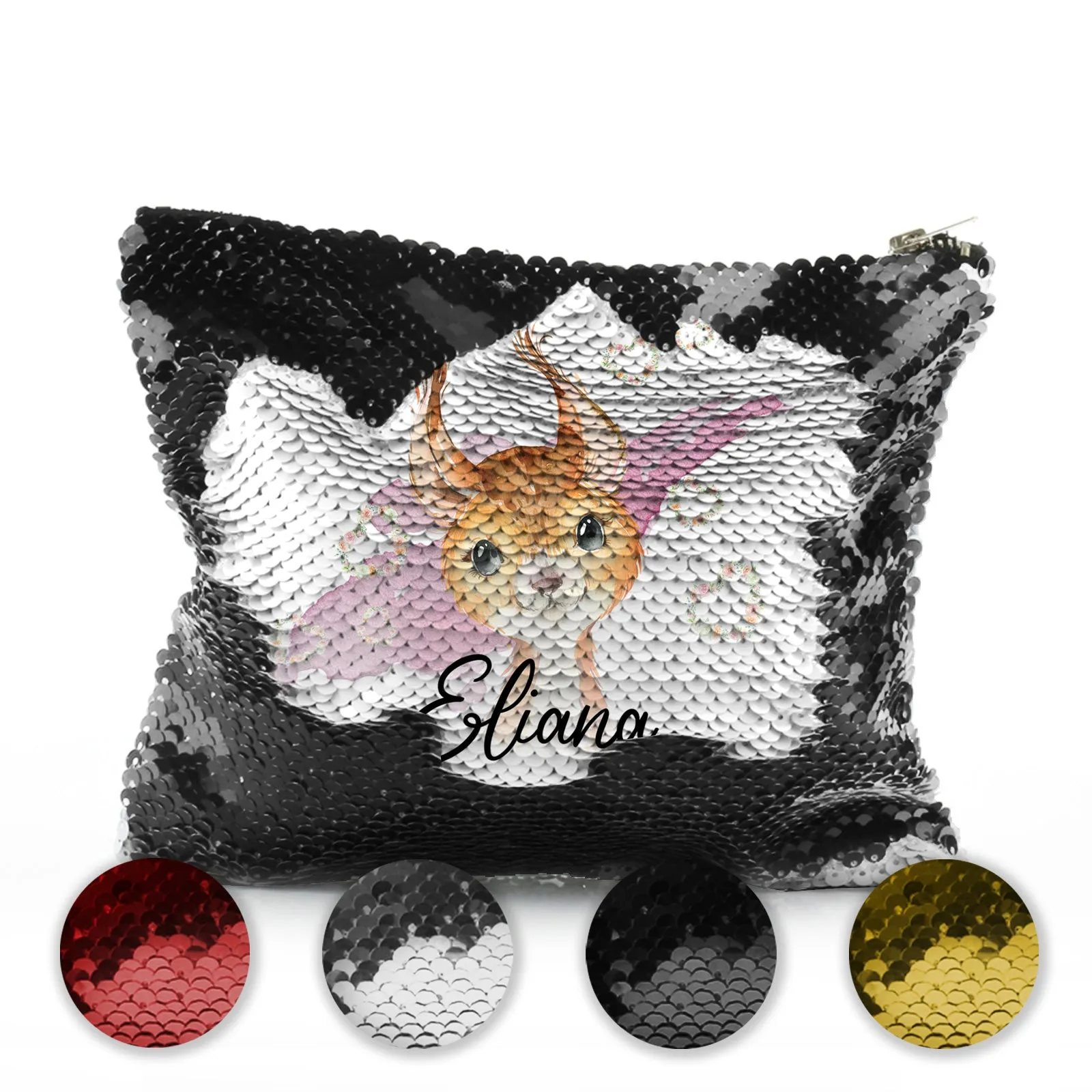 Personalised Sequin Zip Bag with Red squirrel Heart Wreaths and Cute Text