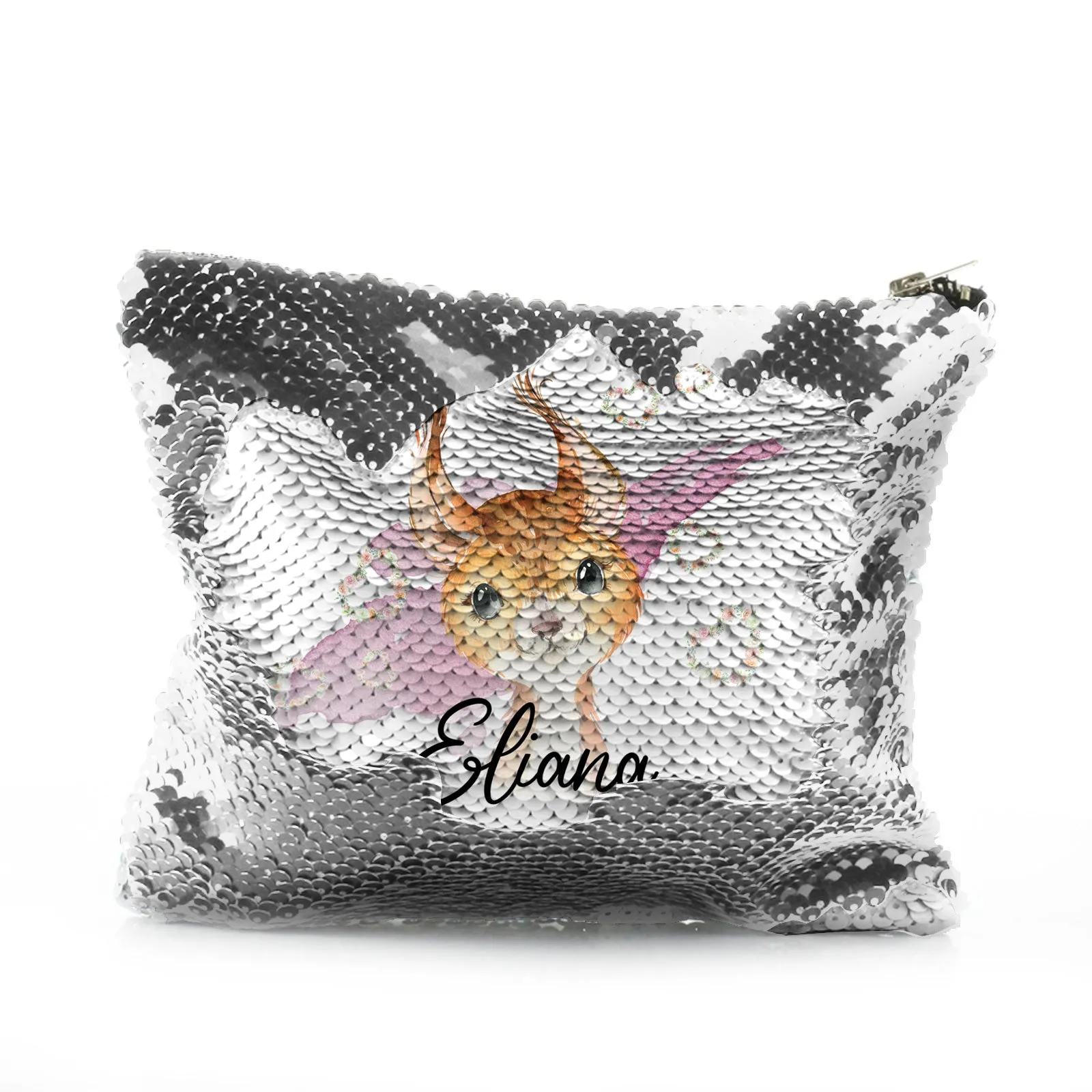 Personalised Sequin Zip Bag with Red squirrel Heart Wreaths and Cute Text