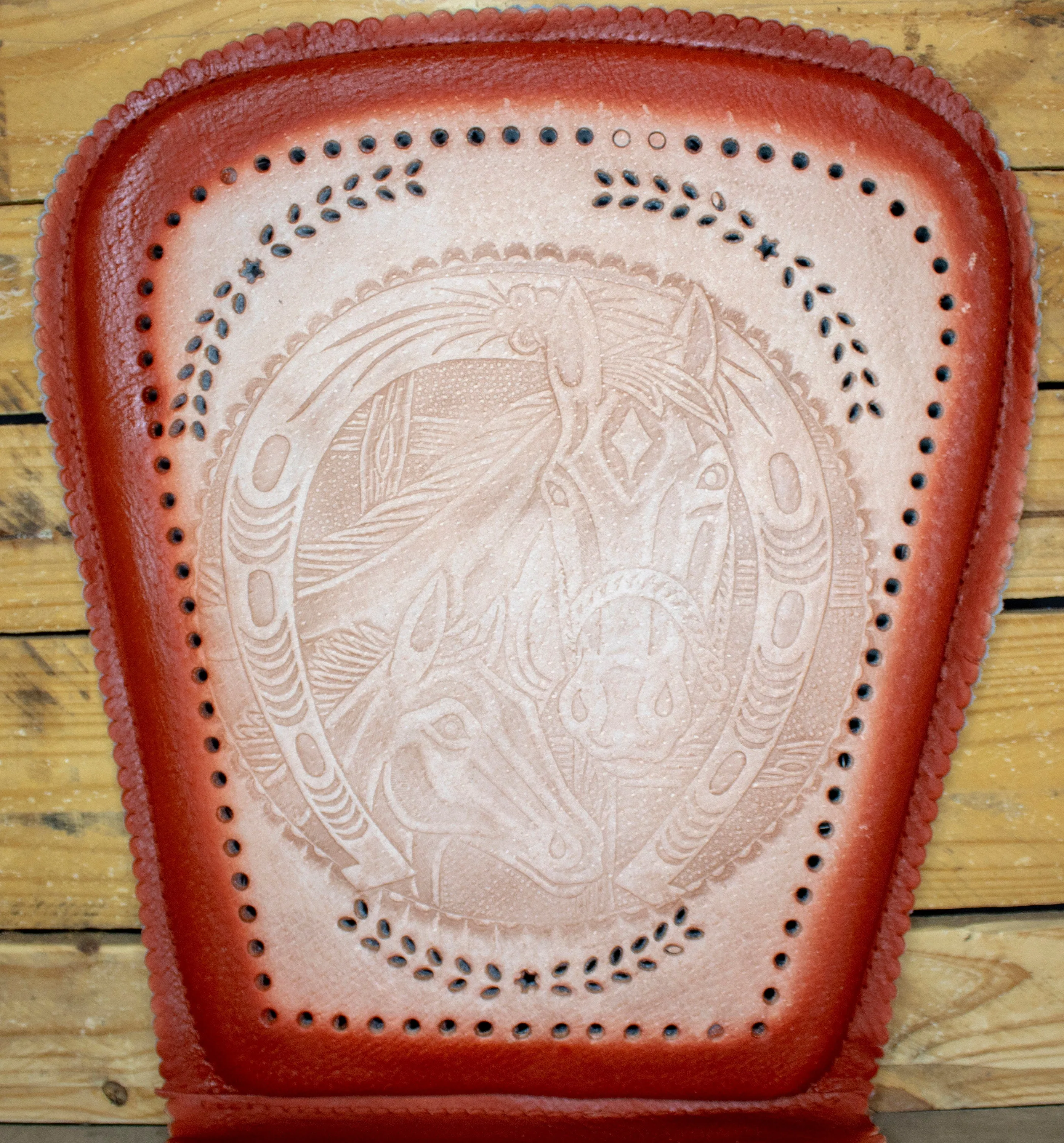 PIGSKIN LEATHER CUSHIONED universal car seat with Horse Horseshoe Caballo stamped design Respaldo