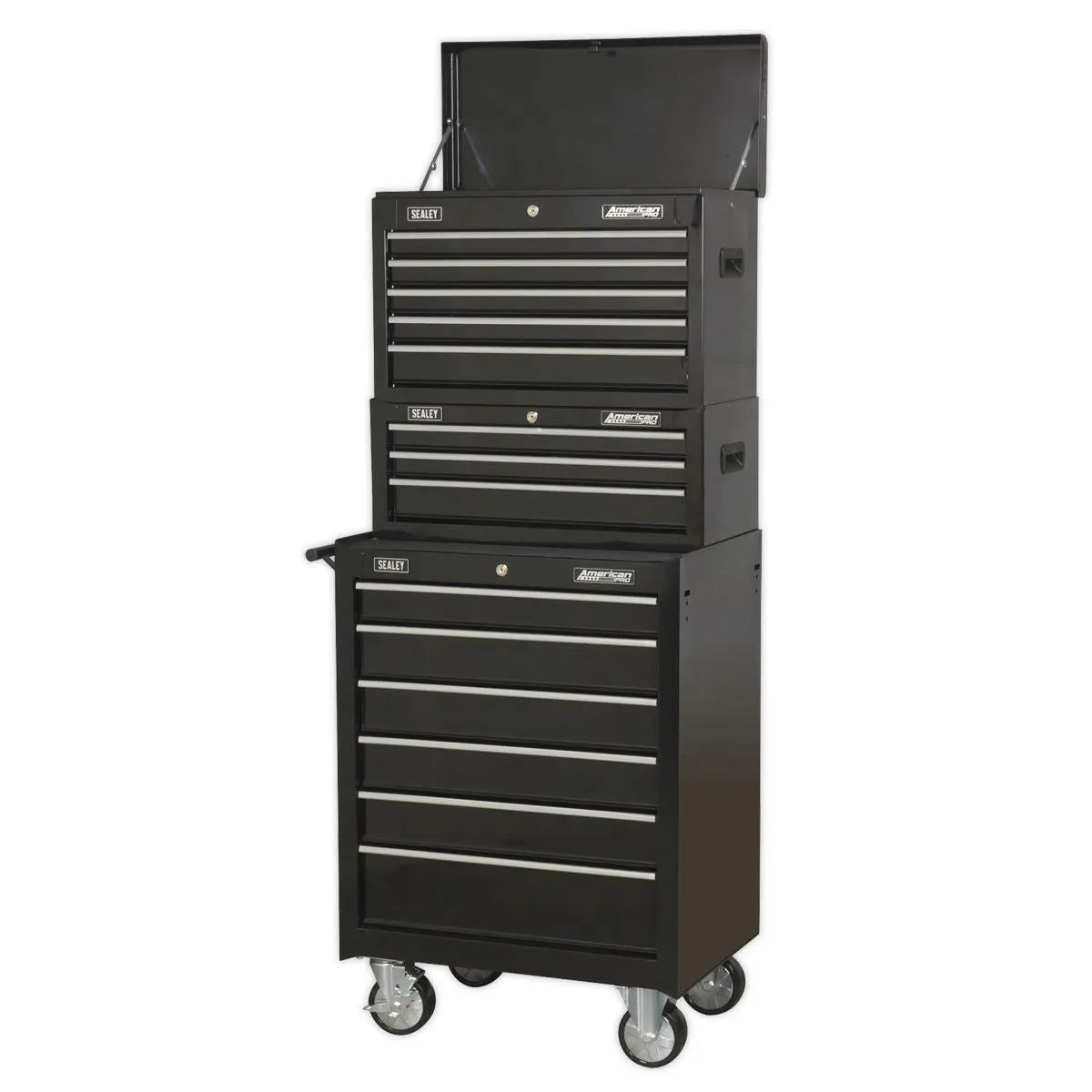 Sealey American Pro Topchest, Mid-Box Tool Chest & Rollcab 14 Drawer Stack - Black