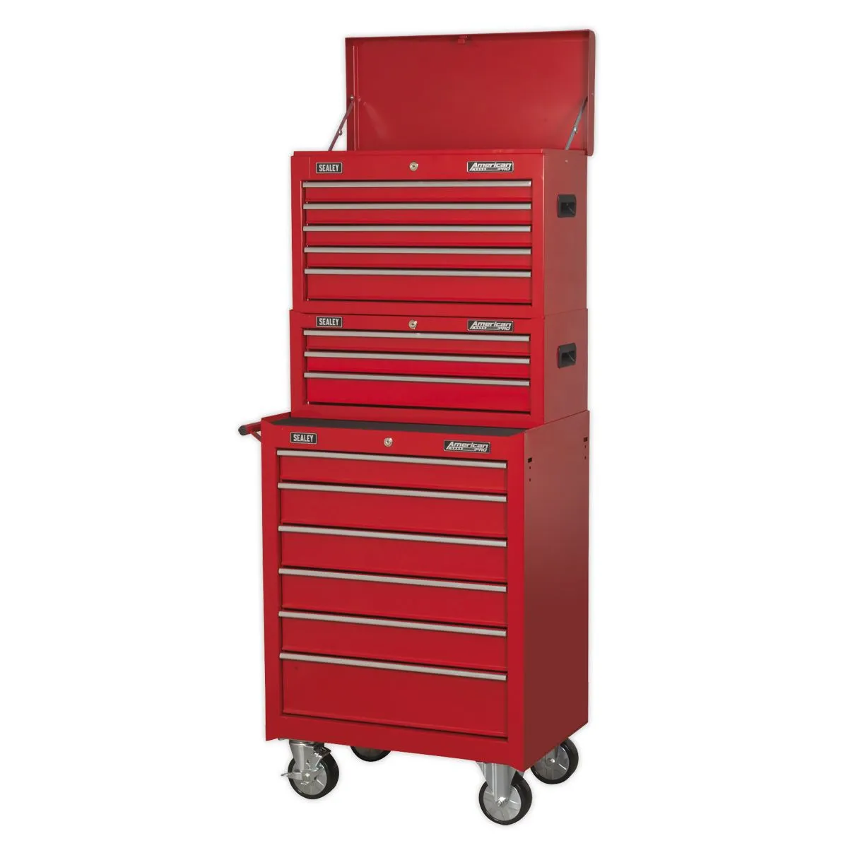 Sealey American Pro Topchest, Mid-Box Tool Chest & Rollcab 14 Drawer Stack - Red
