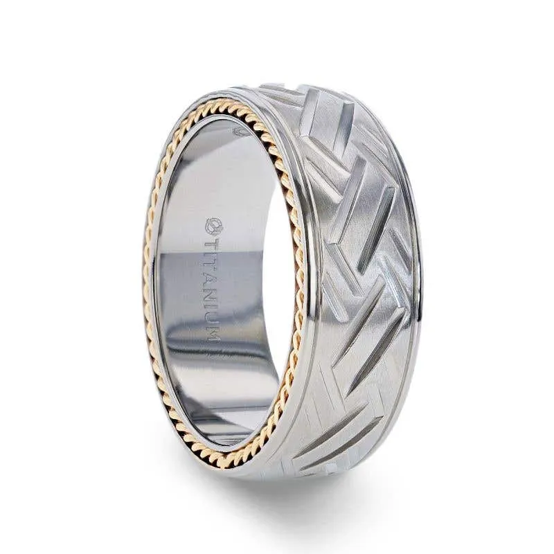 Thorsten SATURN Woven Pattern Domed Titanium Men's Wedding Ring With Yellow Gold Braided Edges - 8mm
