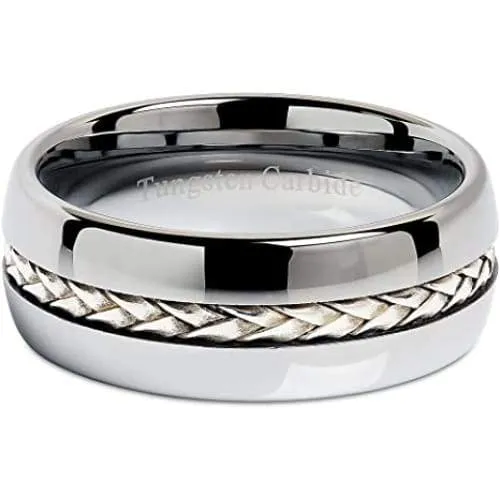 Truro Silver Rope Inlay Domed Men's Tungsten Carbide Wedding Band - 8mm