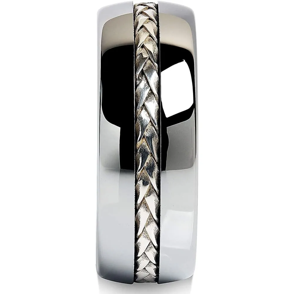 Truro Silver Rope Inlay Domed Men's Tungsten Carbide Wedding Band - 8mm