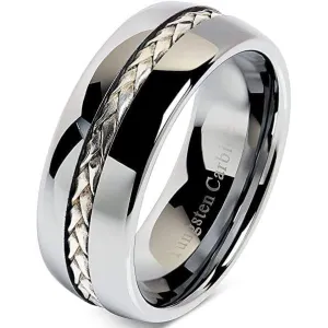 Truro Silver Rope Inlay Domed Men's Tungsten Carbide Wedding Band - 8mm