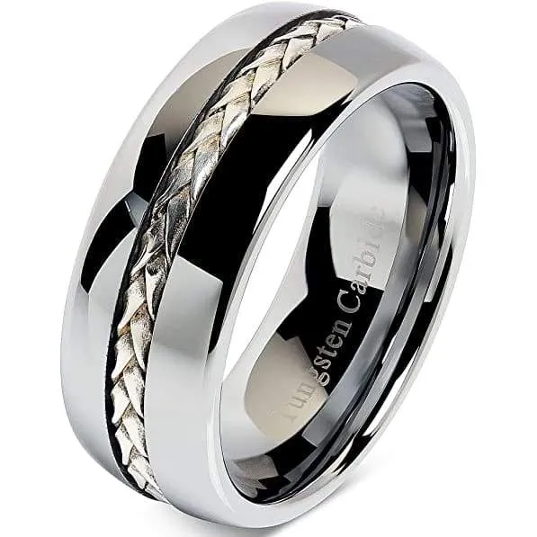 Truro Silver Rope Inlay Domed Men's Tungsten Carbide Wedding Band - 8mm