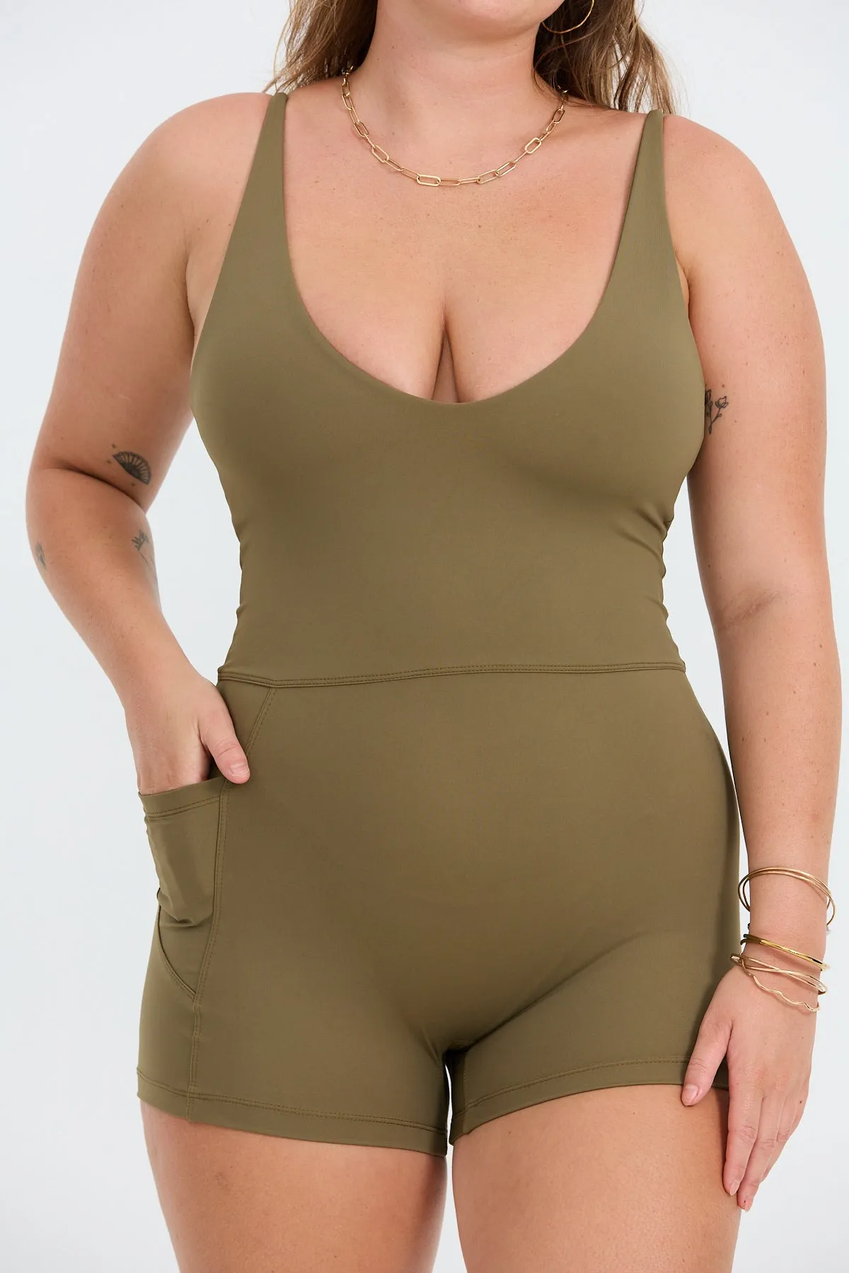 V-Neck Active Romper - Khaki