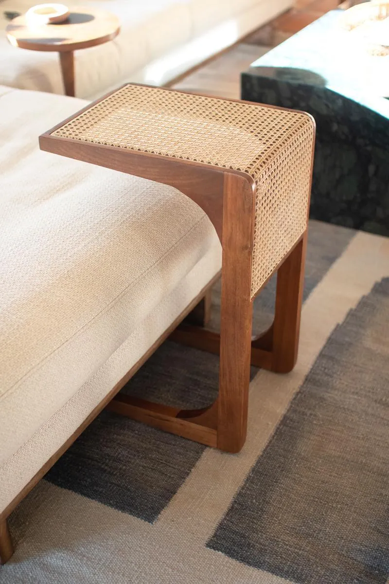 Wood Side Table with Woven Cane Detail