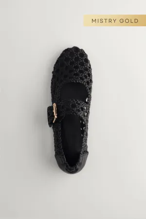 Woven Buckled Flats in Black