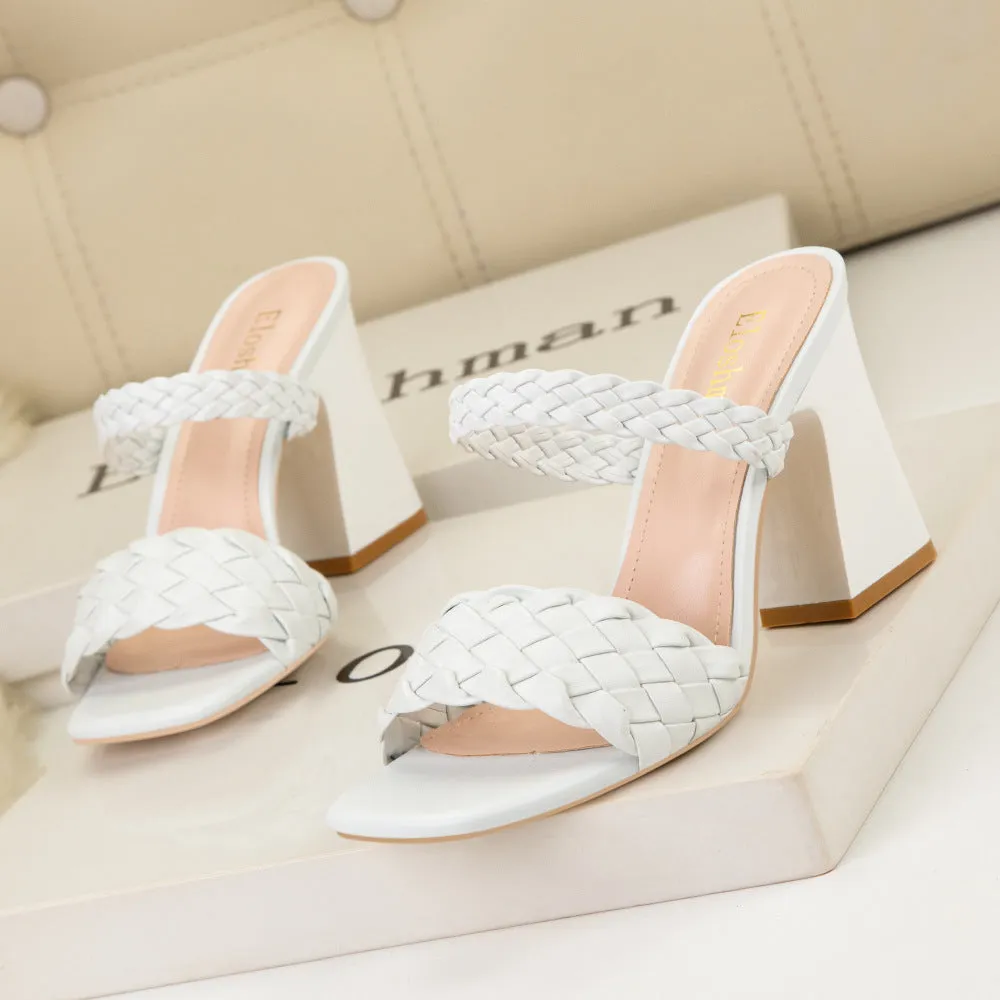 Woven Square-toed Thick-heeled Open-toed Slippers
