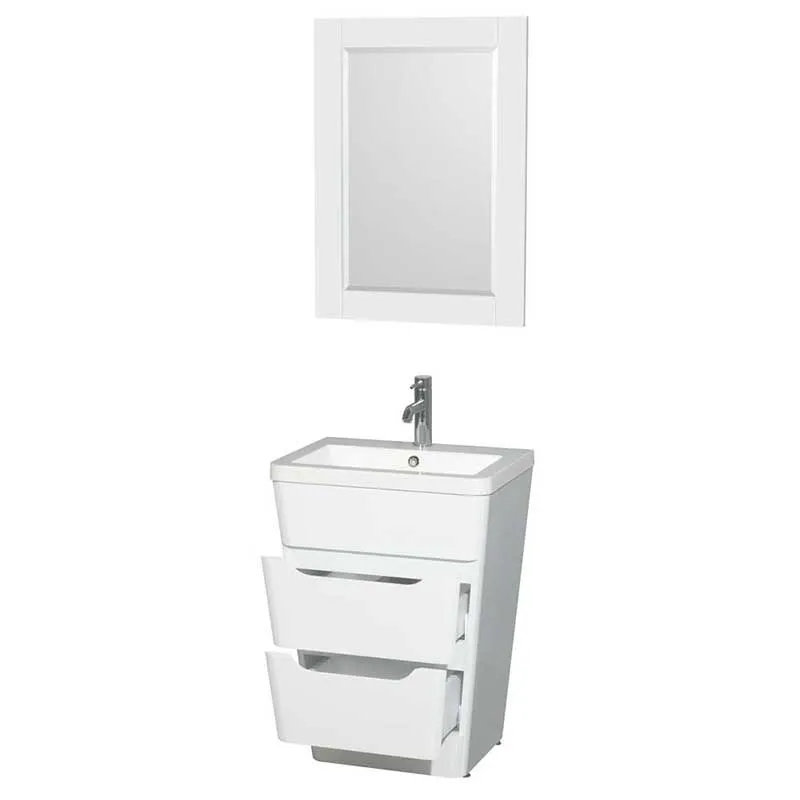 Wyndham Collection Caprice 24 inch Pedestal Bathroom Vanity in Glossy White, Acrylic-Resin Countertop, Integrated Sink, and 24 inch Mirror
