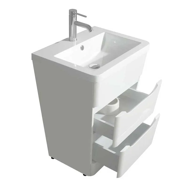 Wyndham Collection Caprice 24 inch Pedestal Bathroom Vanity in Glossy White, Acrylic-Resin Countertop, Integrated Sink, and 24 inch Mirror