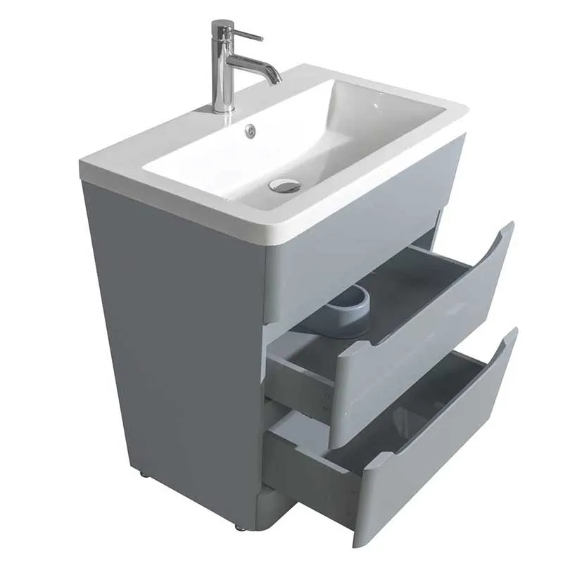 Wyndham Collection Caprice 30 inch Pedestal Bathroom Vanity in Gray, Acrylic-Resin Countertop, Integrated Sink, and 24 inch Mirror