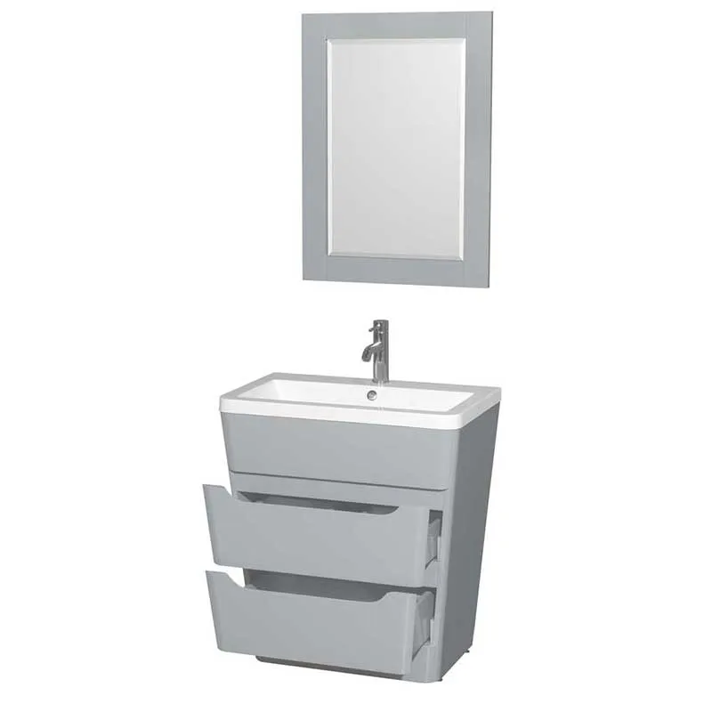 Wyndham Collection Caprice 30 inch Pedestal Bathroom Vanity in Gray, Acrylic-Resin Countertop, Integrated Sink, and 24 inch Mirror