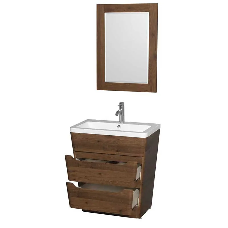 Wyndham Collection Caprice 30 inch Pedestal Bathroom Vanity in Walnut, Acrylic-Resin Countertop, Integrated Sink, and 24 inch Mirror