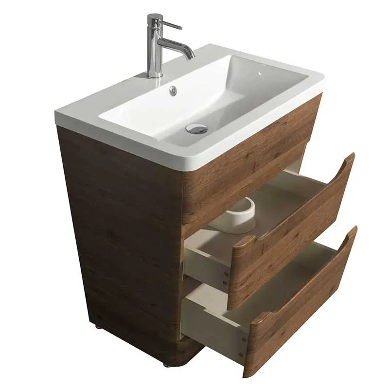 Wyndham Collection Caprice 30 inch Pedestal Bathroom Vanity in Walnut, Acrylic-Resin Countertop, Integrated Sink, and 24 inch Mirror