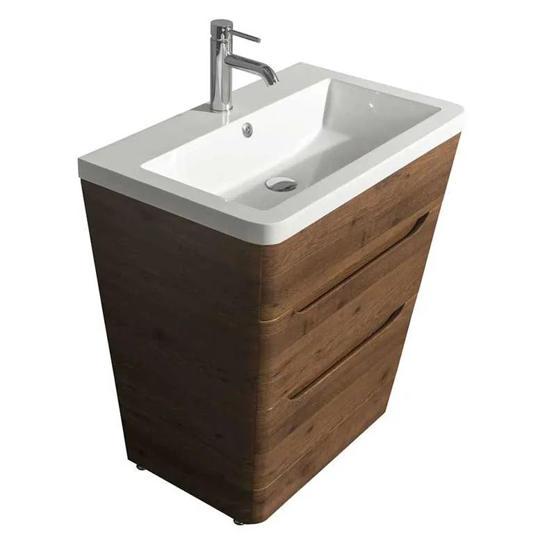 Wyndham Collection Caprice 30 inch Pedestal Bathroom Vanity in Walnut, Acrylic-Resin Countertop, Integrated Sink, and 24 inch Mirror