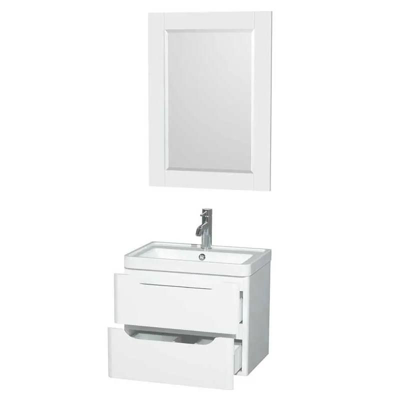 Wyndham Collection Murano 24 inch Single Bathroom Vanity in Glossy White, Acrylic-Resin Countertop, Integrated Sink, and 24 inch Mirror