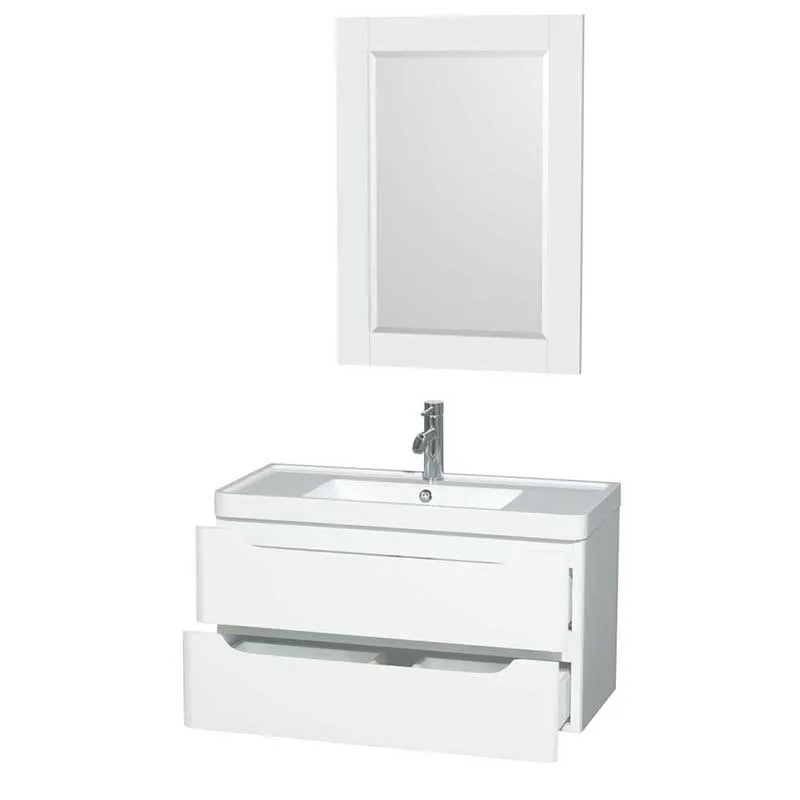 Wyndham Collection Murano 36 inch Single Bathroom Vanity in Glossy White, Acrylic-Resin Countertop, Integrated Sink, and 24 inch Mirror