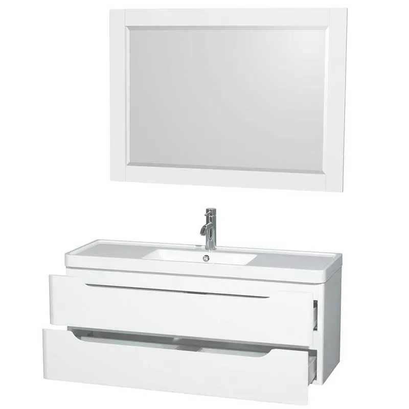 Wyndham Collection Murano 48 inch Single Bathroom Vanity in Glossy White, Acrylic-Resin Countertop, Integrated Sink, and 46 inch Mirror