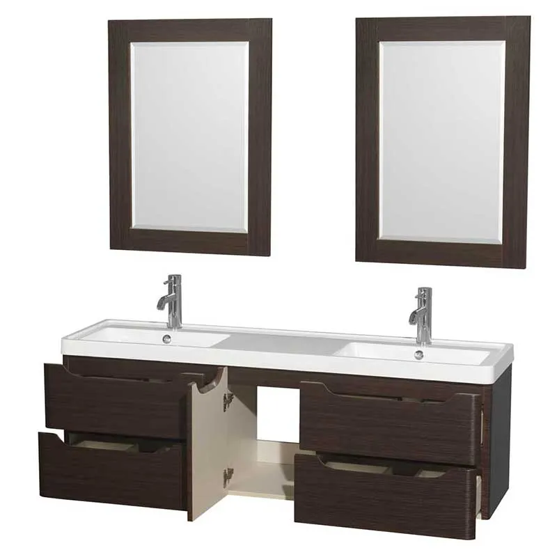 Wyndham Collection Murano 60 inch Double Bathroom Vanity in Espresso, Acrylic-Resin Countertop, Integrated Sinks, and 24 inch Mirrors