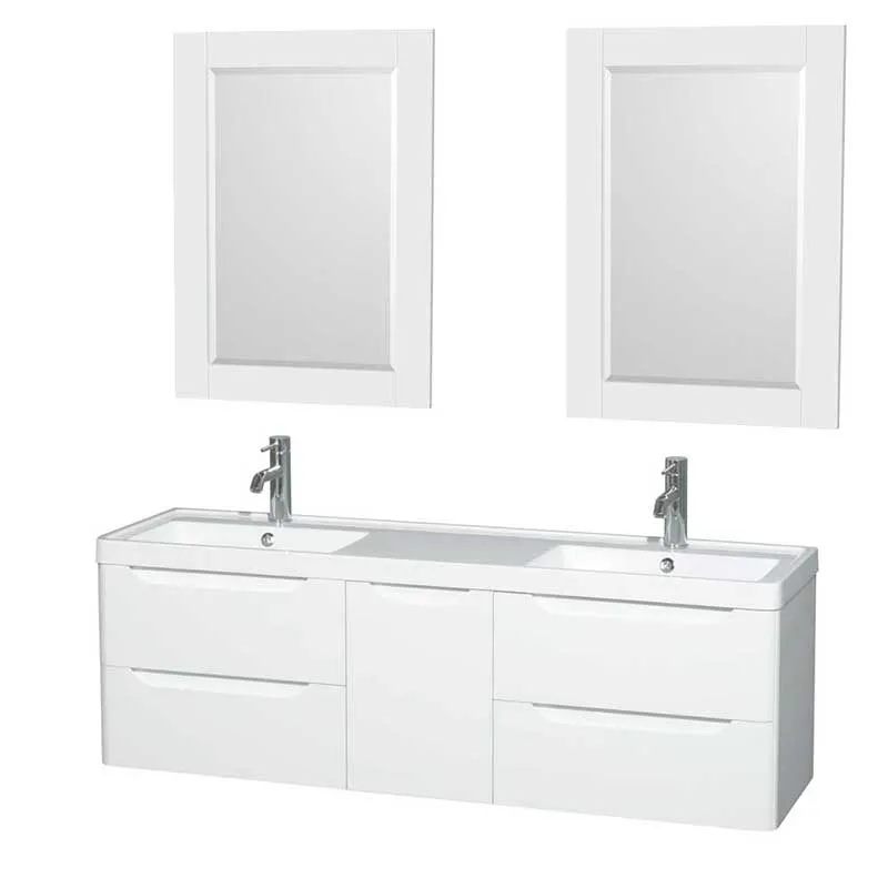 Wyndham Collection Murano 60 inch Double Bathroom Vanity in Glossy White, Acrylic-Resin Countertop, Integrated Sinks, and 24 inch Mirrors