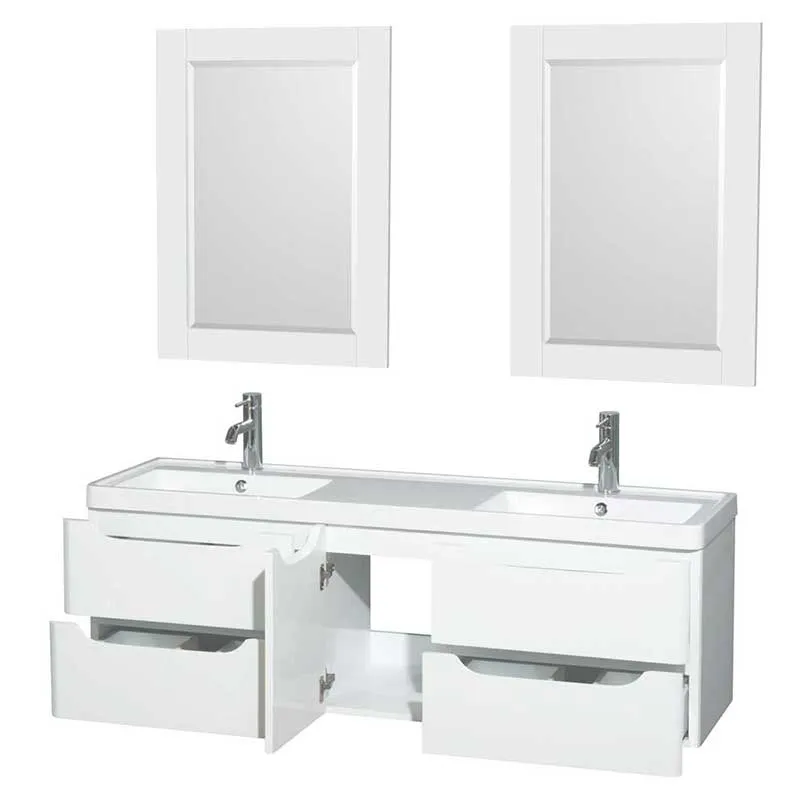 Wyndham Collection Murano 60 inch Double Bathroom Vanity in Glossy White, Acrylic-Resin Countertop, Integrated Sinks, and 24 inch Mirrors
