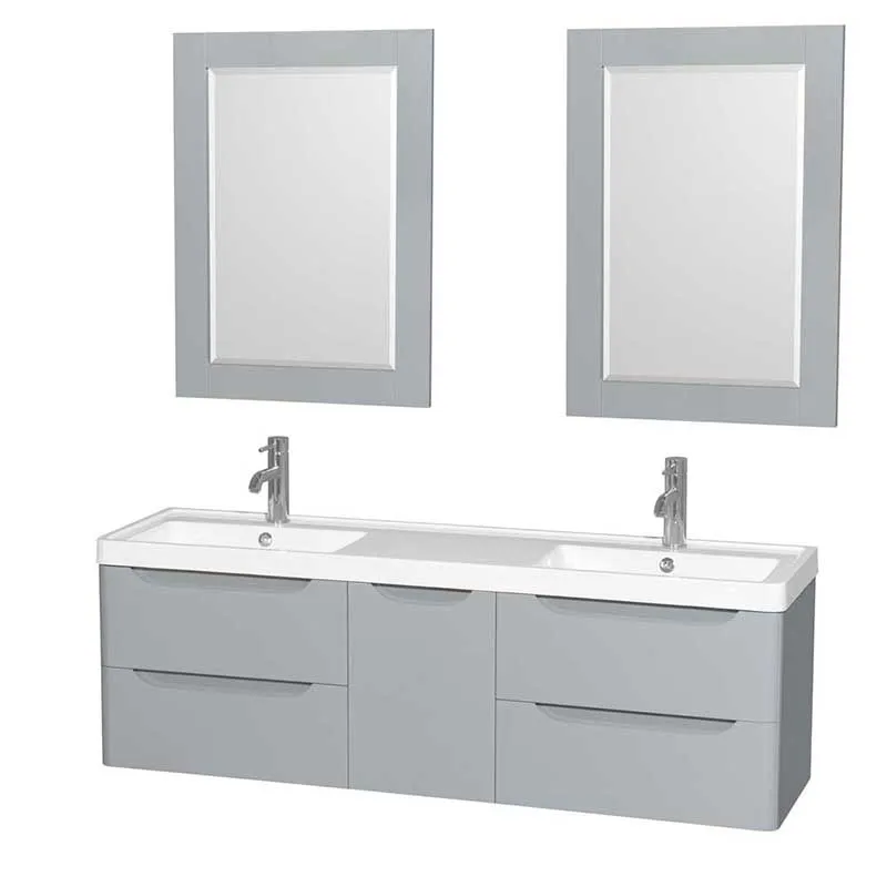 Wyndham Collection Murano 60 inch Double Bathroom Vanity in Gray, Acrylic-Resin Countertop, Integrated Sinks, and 24 inch Mirrors