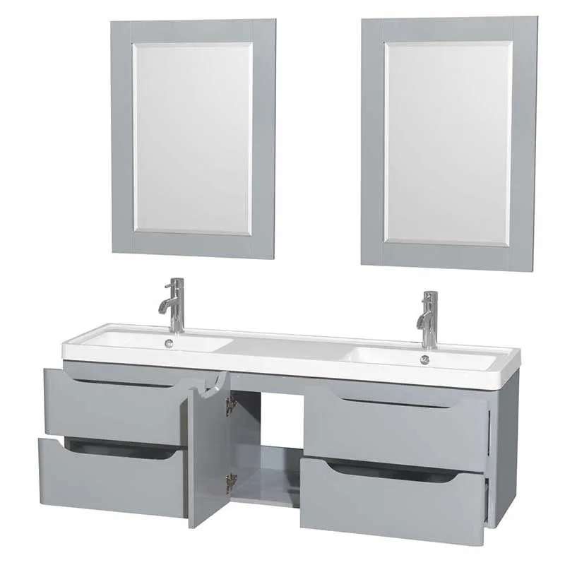 Wyndham Collection Murano 60 inch Double Bathroom Vanity in Gray, Acrylic-Resin Countertop, Integrated Sinks, and 24 inch Mirrors