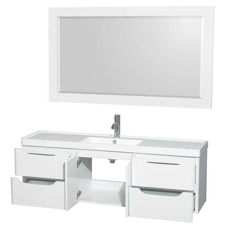 Wyndham Collection Murano 60 inch Single Bathroom Vanity in Glossy White, Acrylic-Resin Countertop, Integrated Sink, and 58 inch Mirror