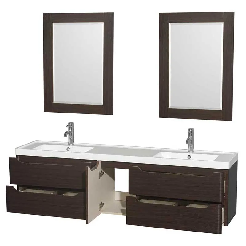 Wyndham Collection Murano 72 inch Double Bathroom Vanity in Espresso, Acrylic-Resin Countertop, Integrated Sinks, and 24 inch Mirrors