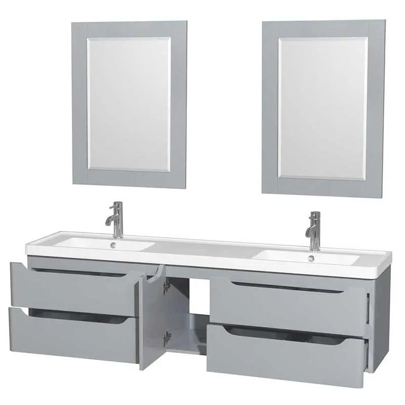 Wyndham Collection Murano 72 inch Double Bathroom Vanity in Gray, Acrylic-Resin Countertop, Integrated Sinks, and 24 inch Mirrors
